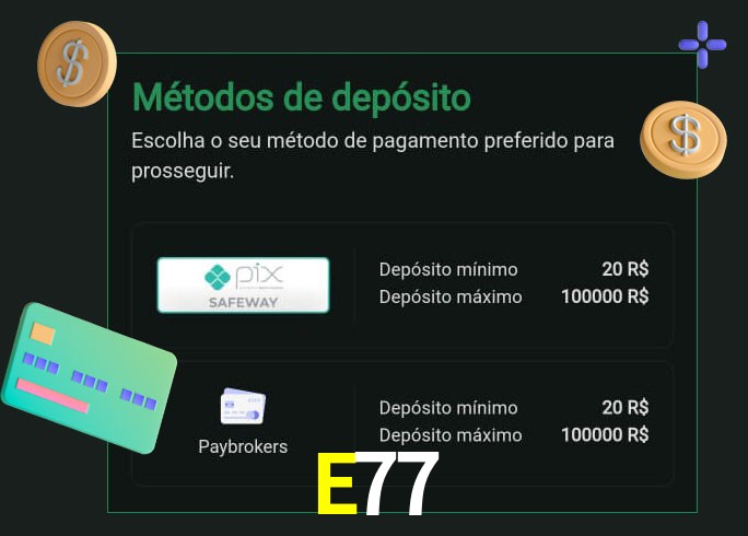 O cassino E77 oferece uma grande variedade de métodos de pagamento